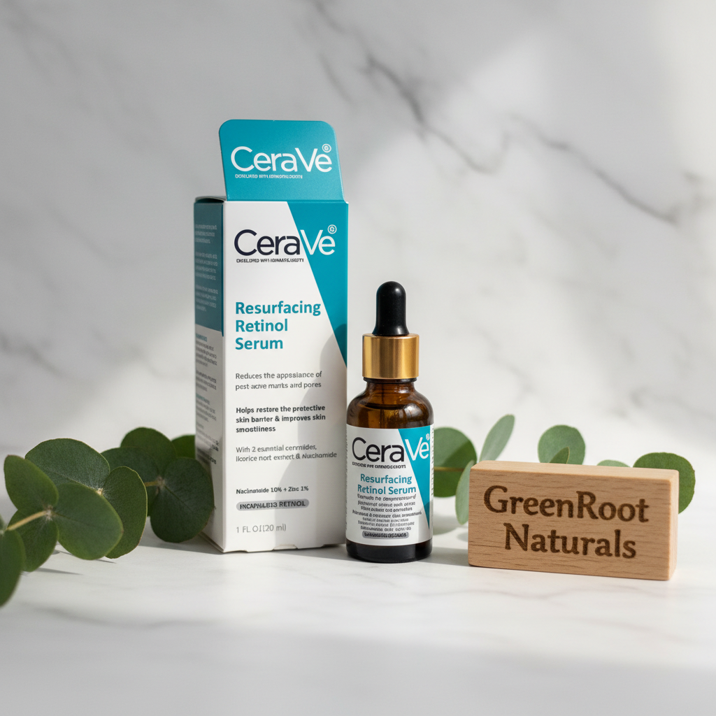CeraVe retinol serum bottle and box on marble with eucalyptus and a GreenRoot Naturals sign