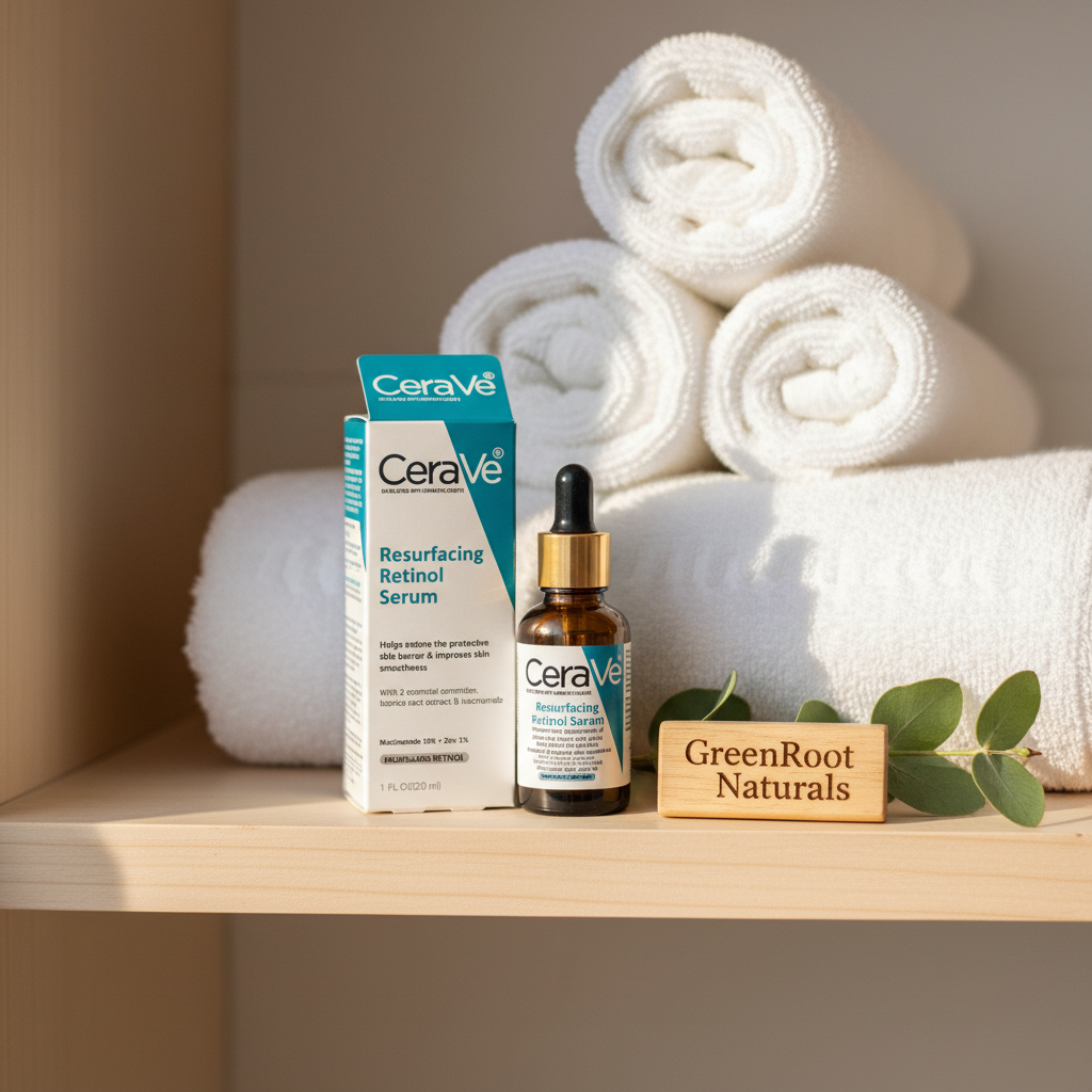 CeraVe serum bottle and box on a wooden shelf with towels and a GreenRoot Naturals sign