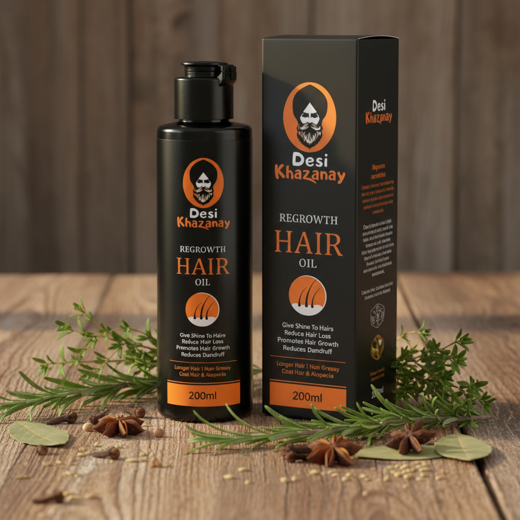 Desi Khazanay hair oil bottle and box in an herbal lifestyle scene