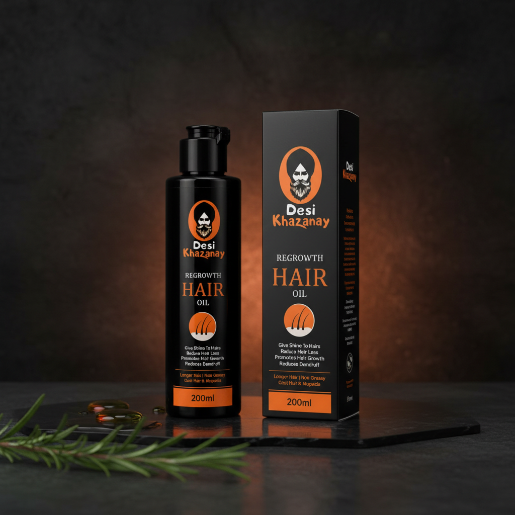 Desi Khazanay hair oil in a dark studio scene with orange accents