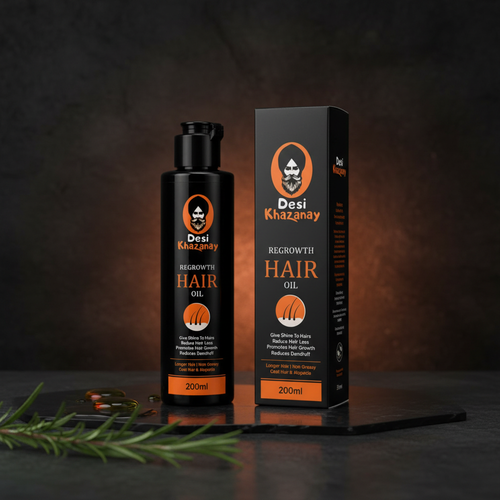 Desi Khazanay hair oil in a dark studio scene with orange accents