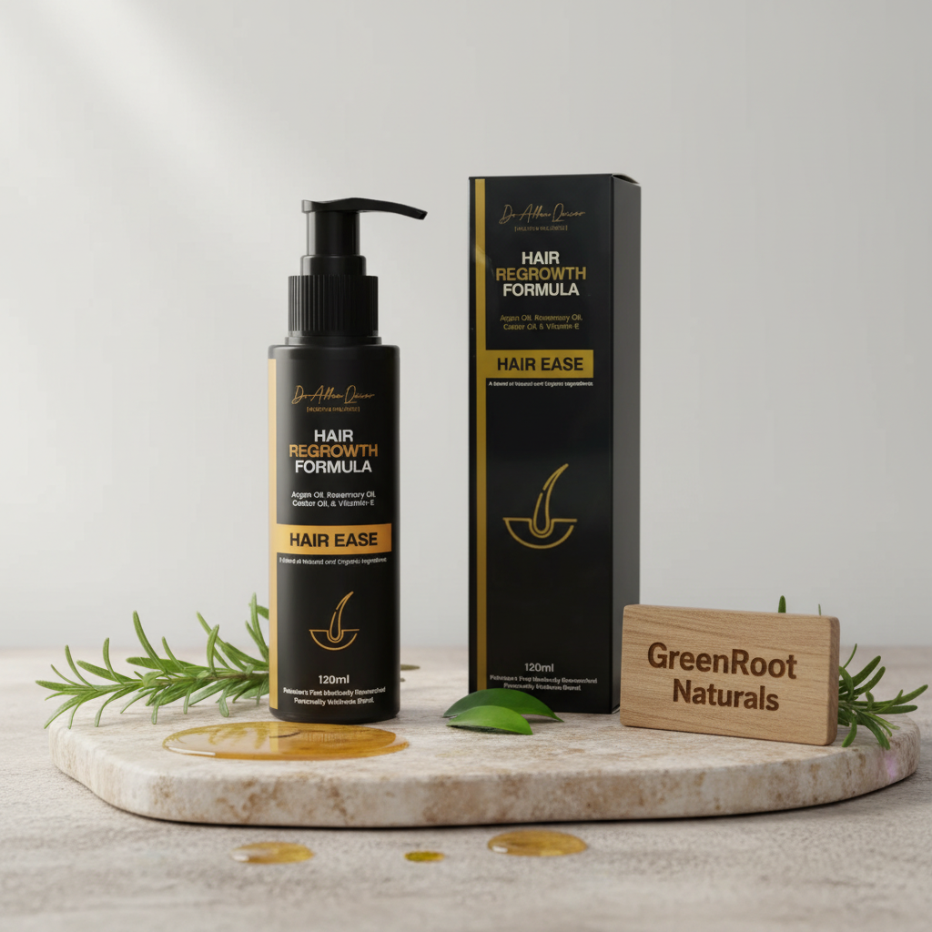 Hair Ease bottle and box with a small GreenRoot Naturals wooden sign