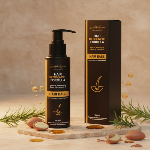 Hair Ease regrowth oil bottle and box in a warm premium scene with argan and rosemary