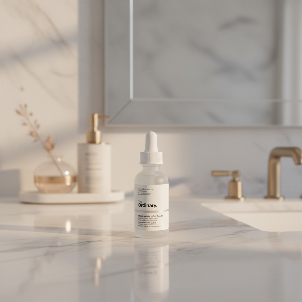 Niacinamide serum bottle on a marble vanity counter with gold accents
