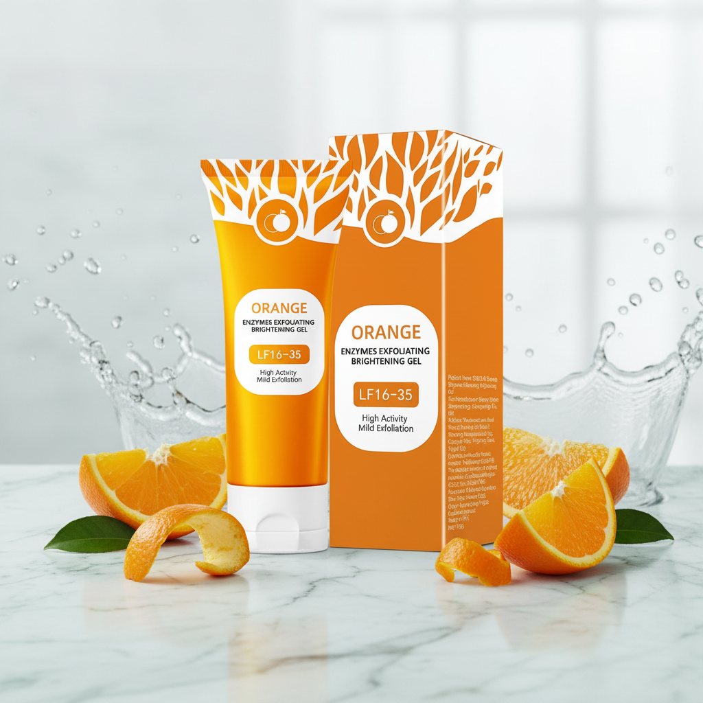 Orange brightening gel tube and box in a citrus scene on marble