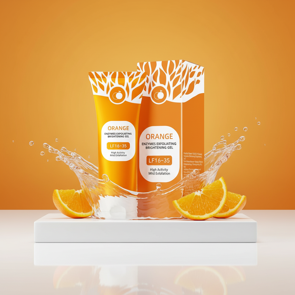 Orange brightening gel tube and box on a white podium with an orange gradient background