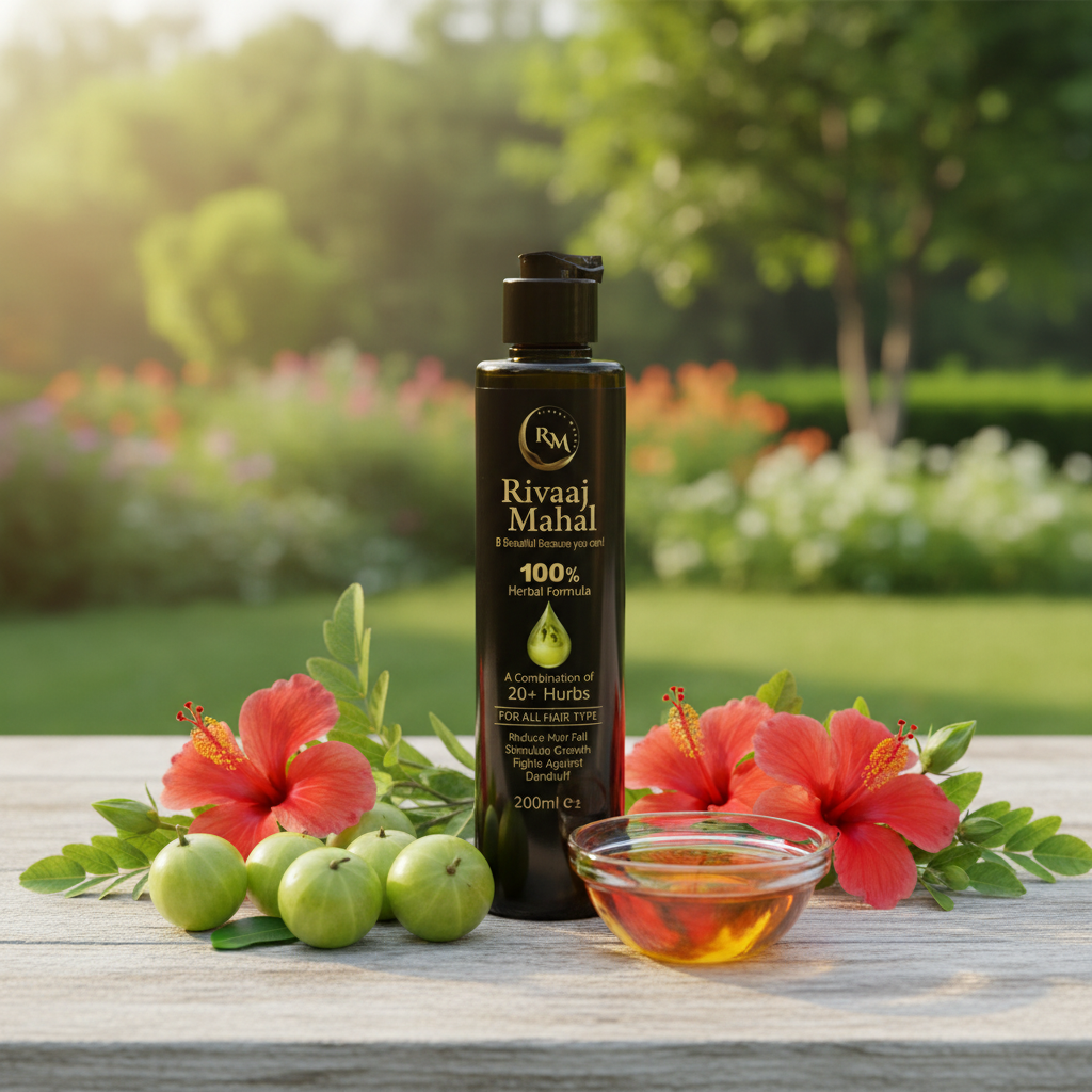 Rivaaj Mahal herbal hair oil bottle on a wooden table with a garden backdrop
