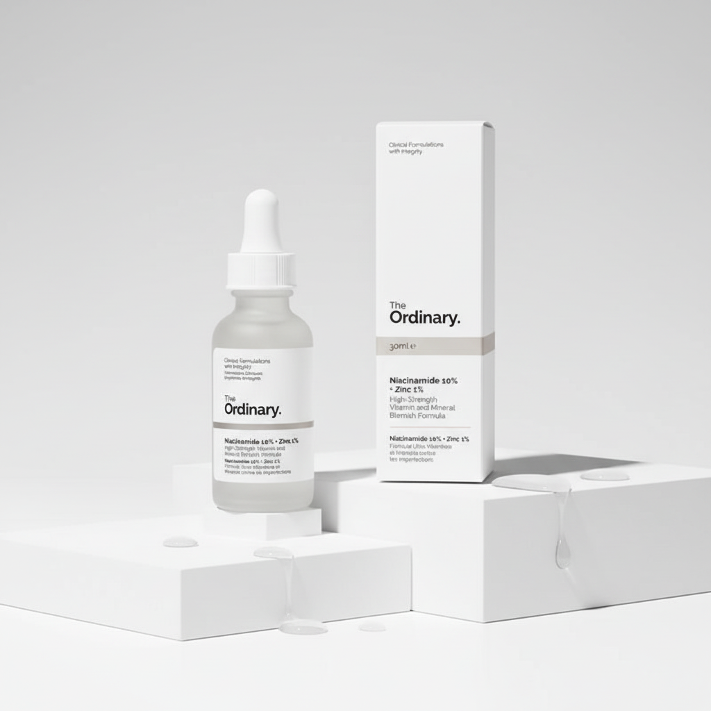 The Ordinary Niacinamide serum bottle and box in a minimal studio scene