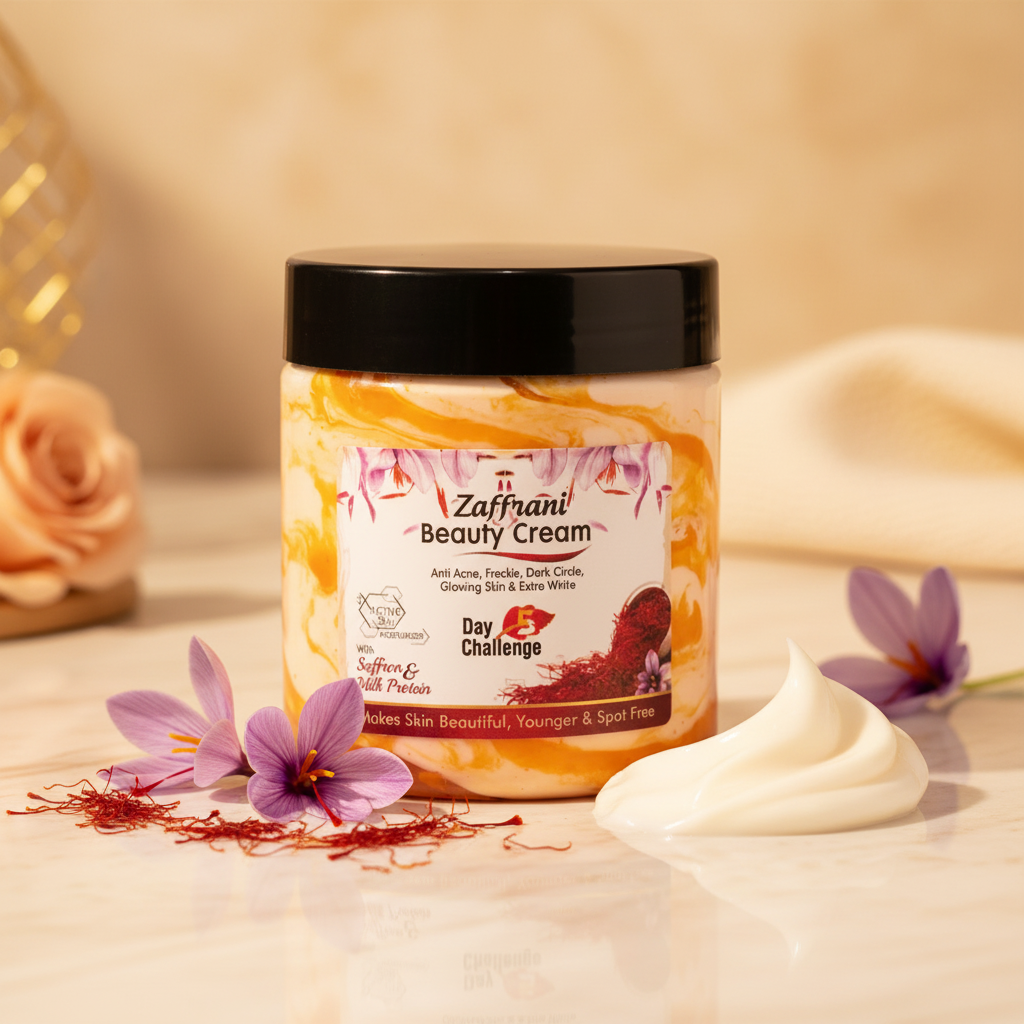 Zafrani cream jar in a saffron-themed scene on marble with flowers